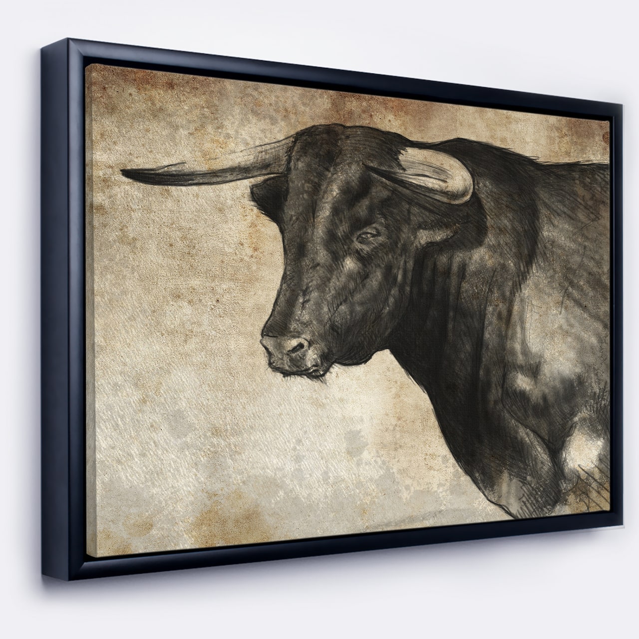 Designart - Spanish Bull Sketch - Animal Art On Canvas in Black Frame